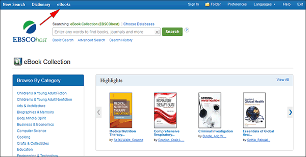 eBooks on EBSCO home screen