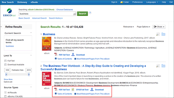 eBooks on EBSCO results list