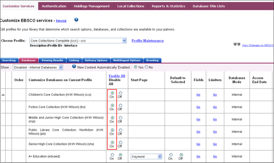 Enabling the Core Collections Complete interface in EBSCOadmin