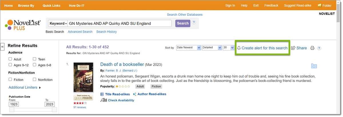Search results list in NoveList Plus with the Create alert for this search link highlighted.