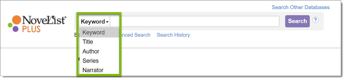 Basic search bar, search type drop-down menu