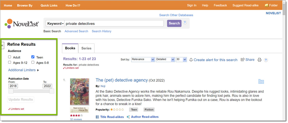Refine results area with the Teen audience selected and publication date limited to 2018-2022.