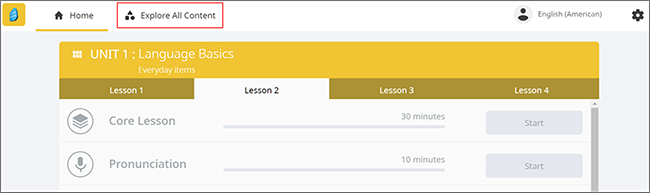 screenshot of Rosetta Stone interface with Explore All Content link highlighted