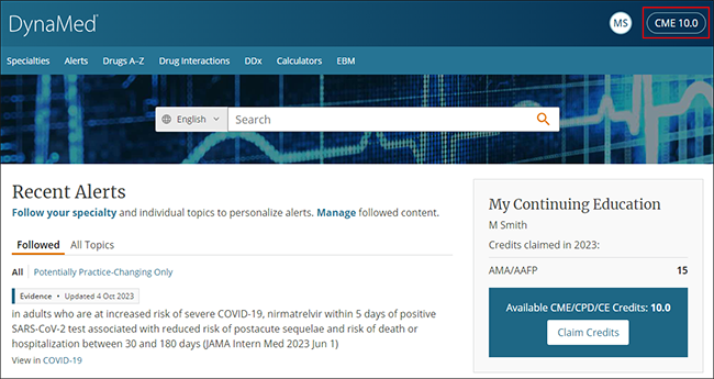 DynaMed home screen with CME indicator highlighted