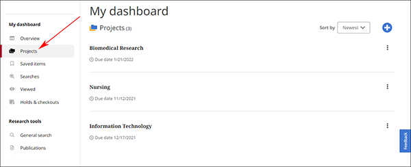 Dashboard Projects screen