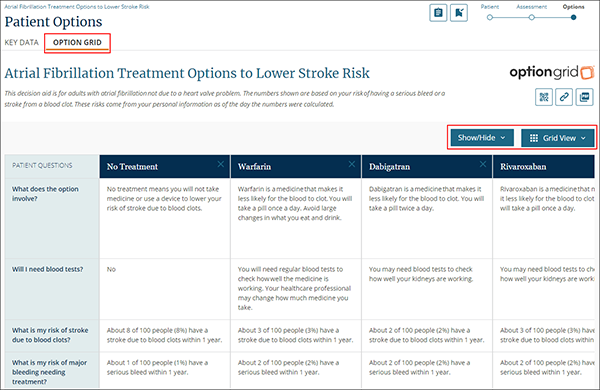 Option Grid screen