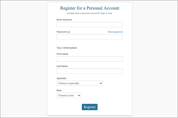 register a personal account screen