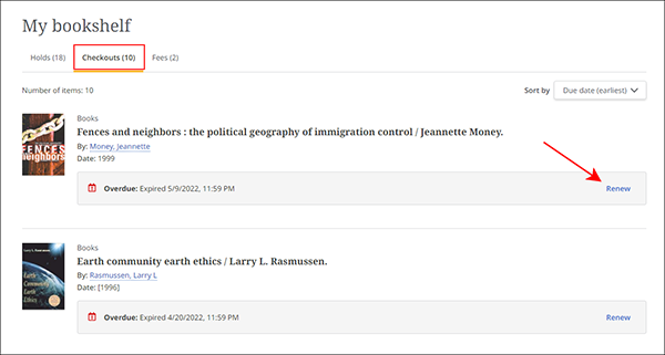 Checkouts page of the Bookshelf with Renew link highlighted