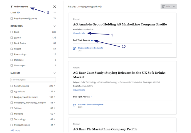 Publication Finder results screen