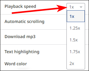 Playback speed drop-down menu displayed