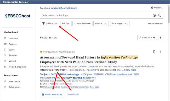 ebscohost results list with access options and filters button highlighted