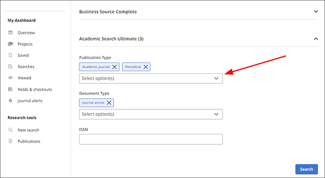 Individual database filters displayed