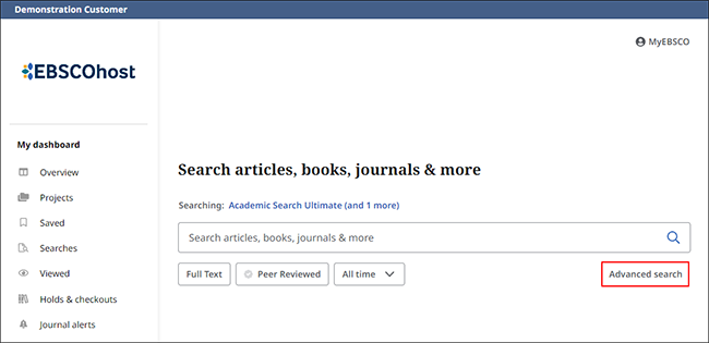 EBSCOhost screen with advanced search link highlighted