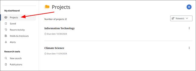 Dashboard Projects screen