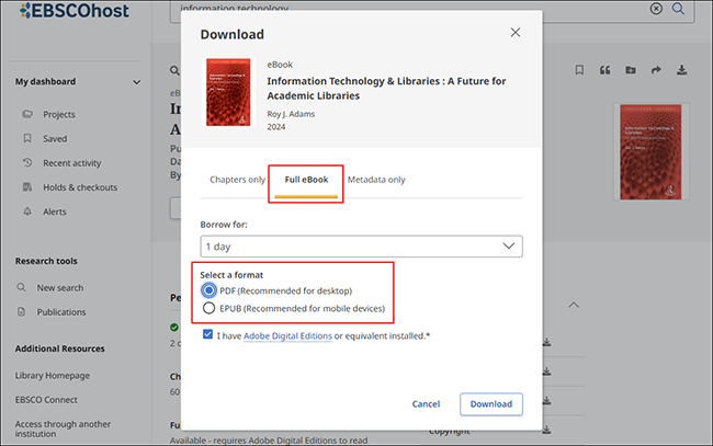 a screenshot of the eBook format options
