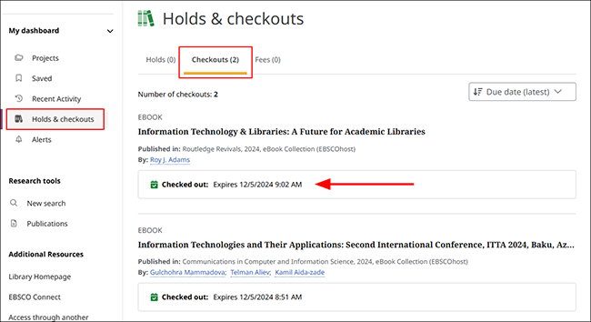 a screenshot of Checked out eBooks displayed in the Dashboard