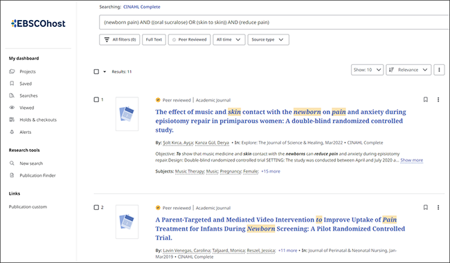 CINAHL search results displayed