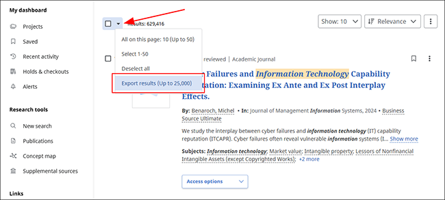 screenshot of Results management tools at top of result list