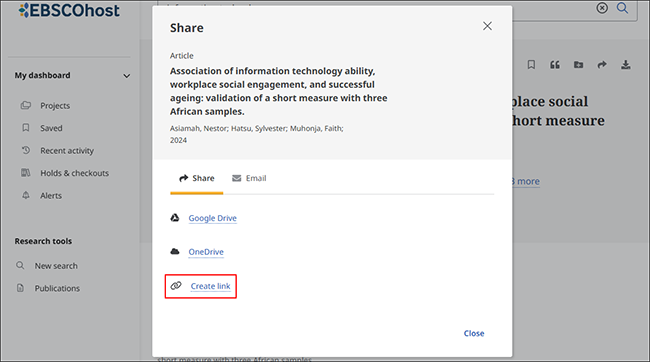 Create Link option on Share window