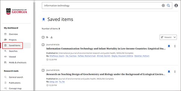 saved items in the dashboard
