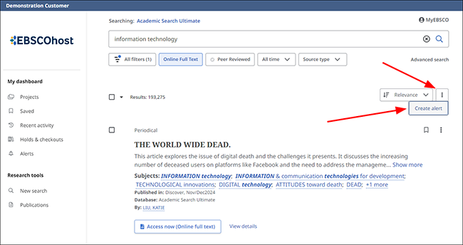 Create alert button on result list