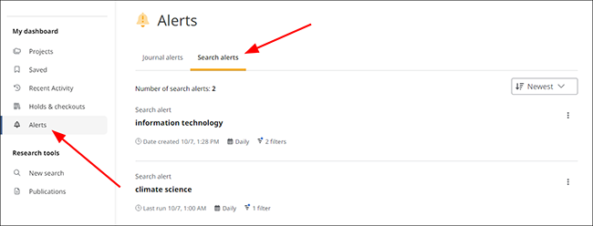 Saved alerts Dashboard view