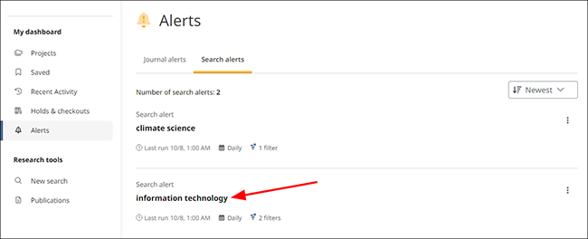 Alert name highlighted in Search alerts tab of dashboard