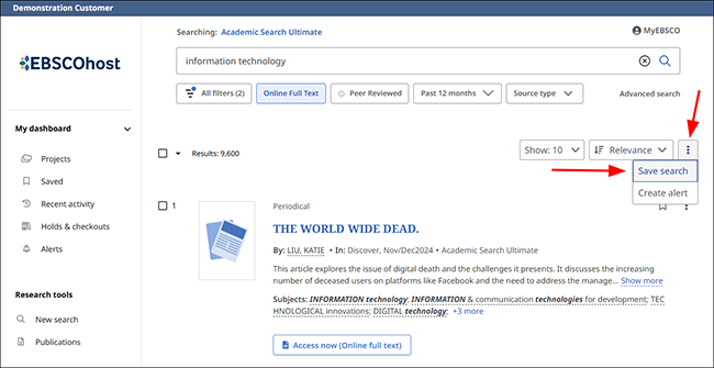 Save search link displayed on result list