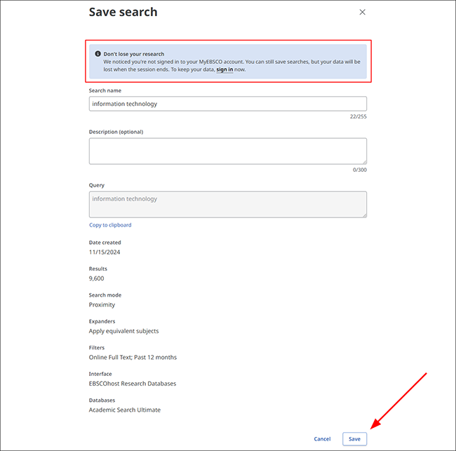 Save search window with Save button highlighted
