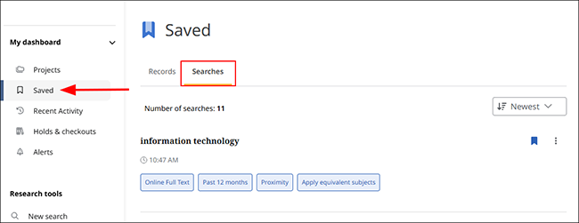 saved search shown in the dashboard