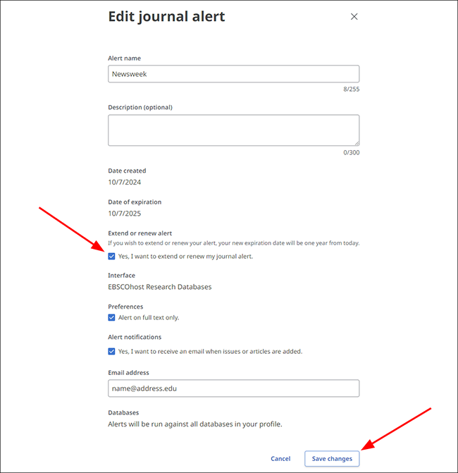 edit alert screen with extend or renew alert option and save changes button highlighted