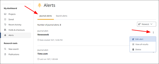 edit or delete options displayed on journal alerts screen