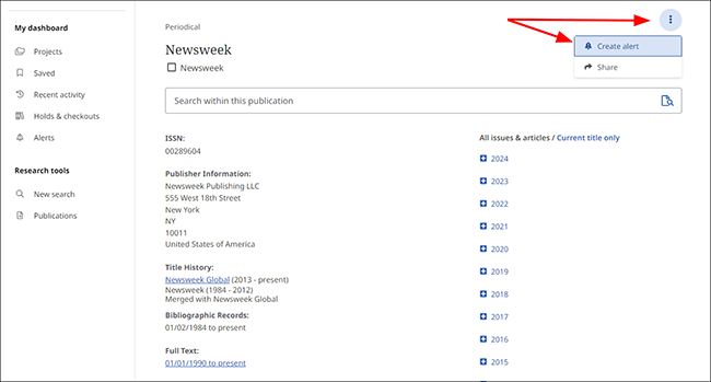 Tools menu and create alert link highlighted