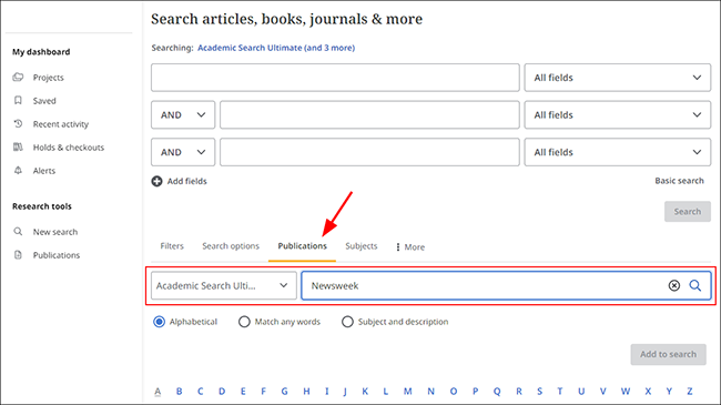 Publications tab and search box highlighted