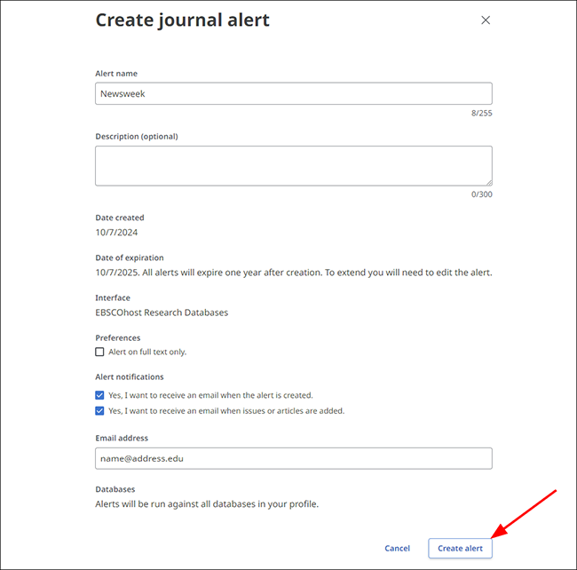 create journal alert screen