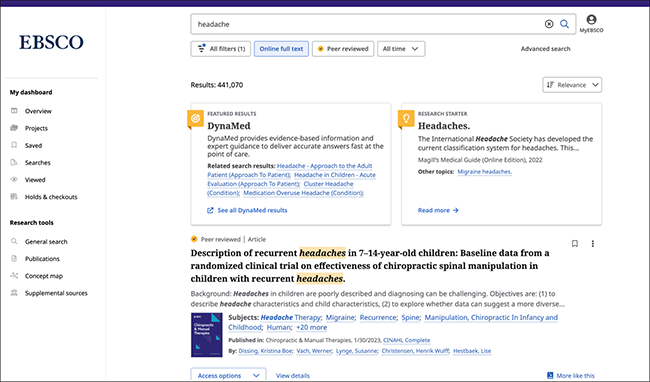 새로운 EBSCO Discovery Service 사용자 인터페이스에 DynaMed / DynaMedex 통합