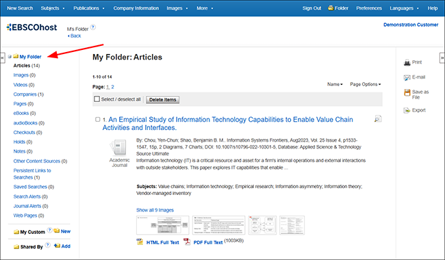 Folder in classic EBSCOhost