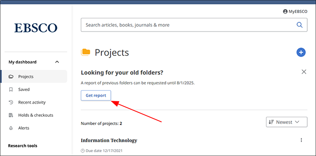 Get report data button displayed in Projects