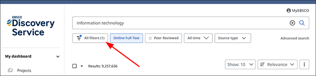 After running your initial search, you can apply filters to further refine your results based on several criteria.  On the Results List page, the All filters button indicates with a blue dot if filters have been applied to your search. Click the All filters button to add or remove filters. After clicking the All filters button, the Filters panel is displayed on the right side of the screen and shows the Search Mode used, Active filters, and Expanders selected.  Use the arrows to expand facets and display the available filters for each one. Click the arrow again to collapse it.   A locked icon indicates that filters are "sticky" and remain applied for your updated searches until you manually clear them.  Available facets may include:  Subject Publication Publisher Language Geography University Collection Lexile Range  You can also filter results by:  Source Type Content Provider When you are done modifying the applied filters, click the Apply button to refresh your results.