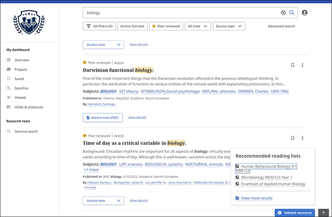 在新的EBSCO Discovery Service用户界面中集成Talis列表搜索