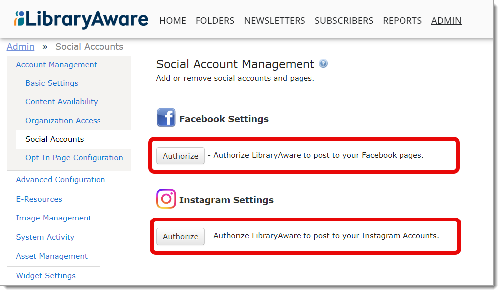 LibraryAware - I want to connect to Facebook or Instagram
