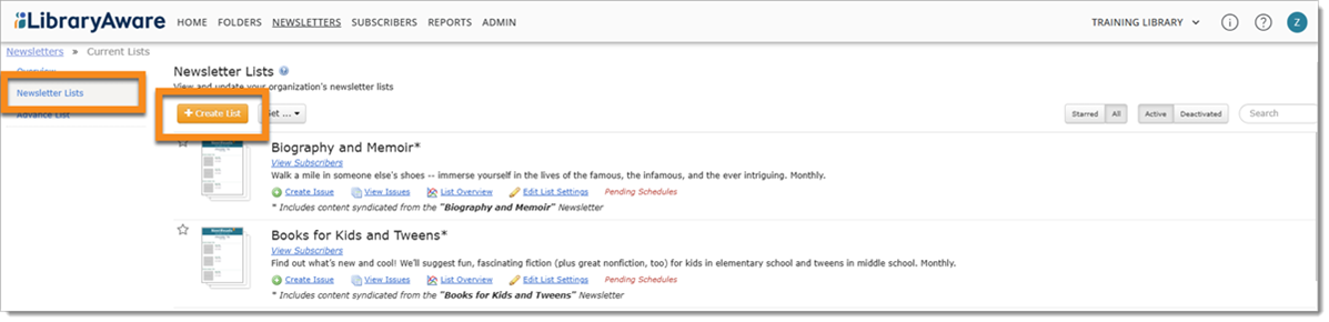 LibraryAware – I want to create a newsletter list