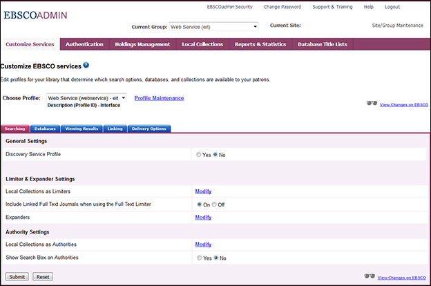 EBSCOhost API - EBSCOadmin Setup Options