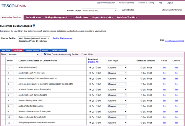 EBSCOhost API - EBSCOadmin Setup Options