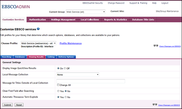 EBSCOhost API - EBSCOadmin Setup Options