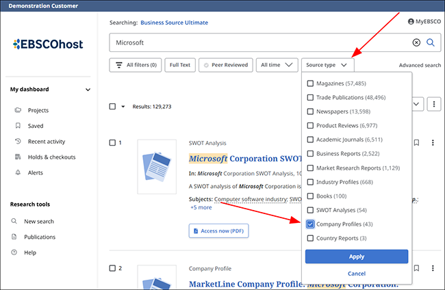 How do I find Company Profiles in Business Source?