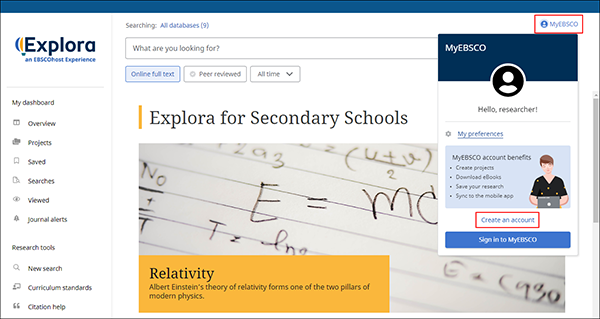 Explora에서 EBSCO 계정 생성 방법