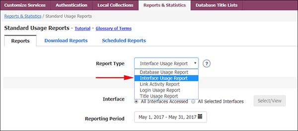 EBSCOadmin - Interface Usage Report