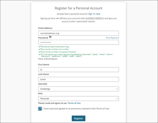 Signing up for a Personal Account to access DynaMed