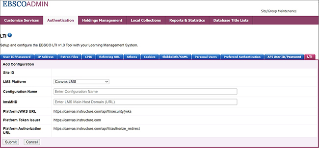 EBSCO インターフェイスの LTI – Canvas の LTI 統合の設定